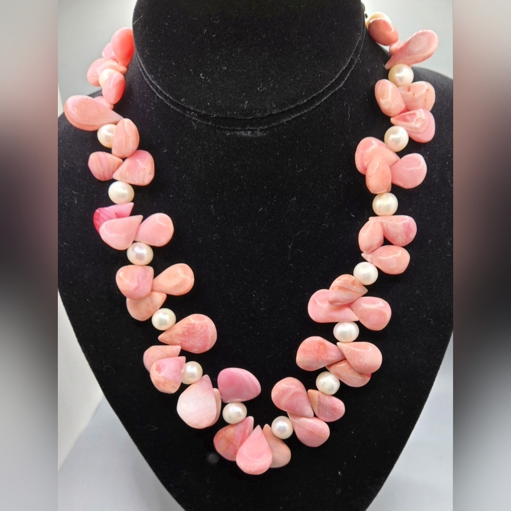 Rhodochrosite & Natural Pearl Necklace 16" + 6" Ext Wire Strung 142 Total Grams